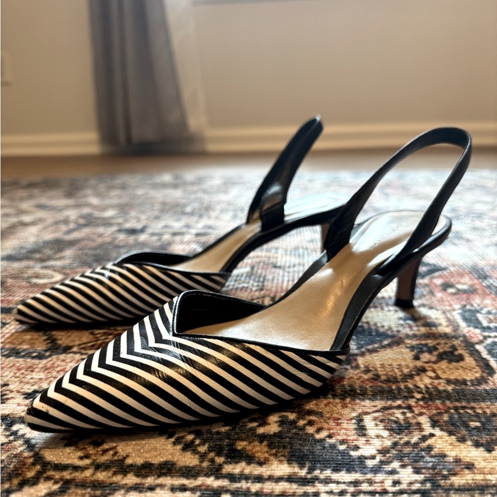 Black and White Striped Women's Slingback Heels